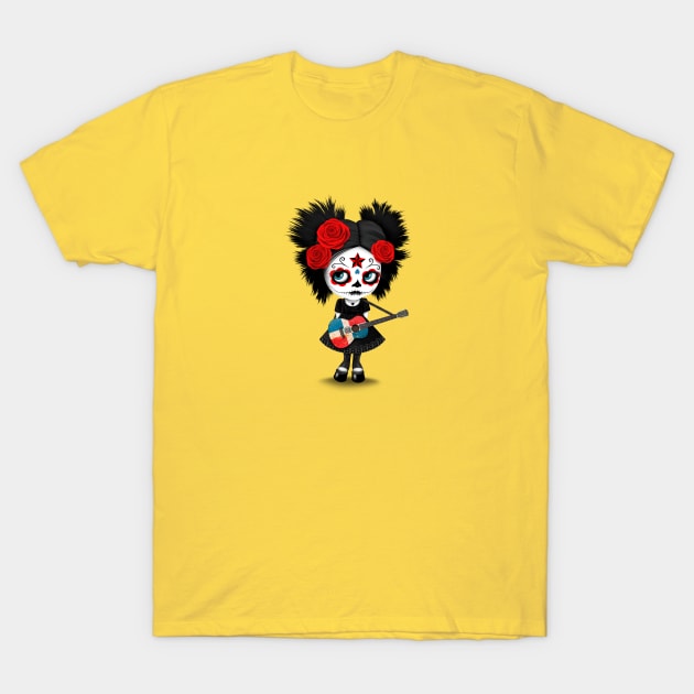 Sugar Skull Girl Playing Dominican Flag Guitar T-Shirt by jeffbartels